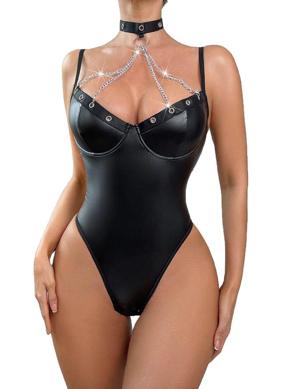 9763 Sexy Strappy Latex Leather Lingerie Bodysuit Backless Halter One Piece